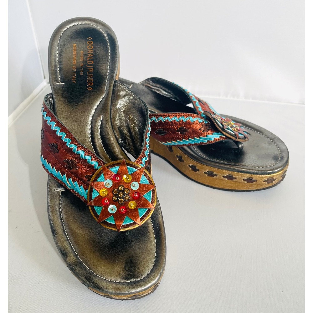 Donald J Pliner Wedge Sandals Womens 10M Search Bronze Turquoise Boho Sun SEAR-C